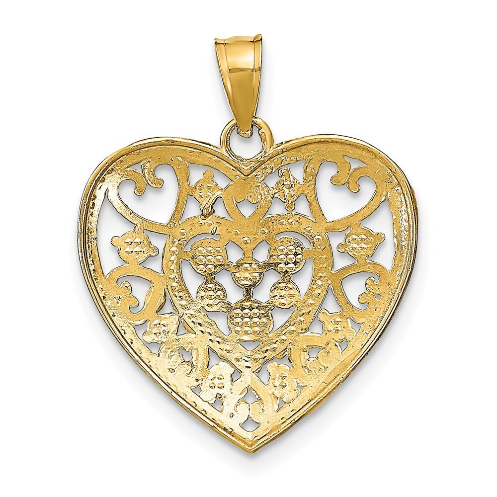 14k Yellow Gold Rhodium Cut-Out Filigree Heart Charm Pendant for Women