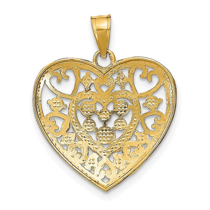 14k Yellow Gold Rhodium Cut-Out Filigree Heart Charm Pendant for Women