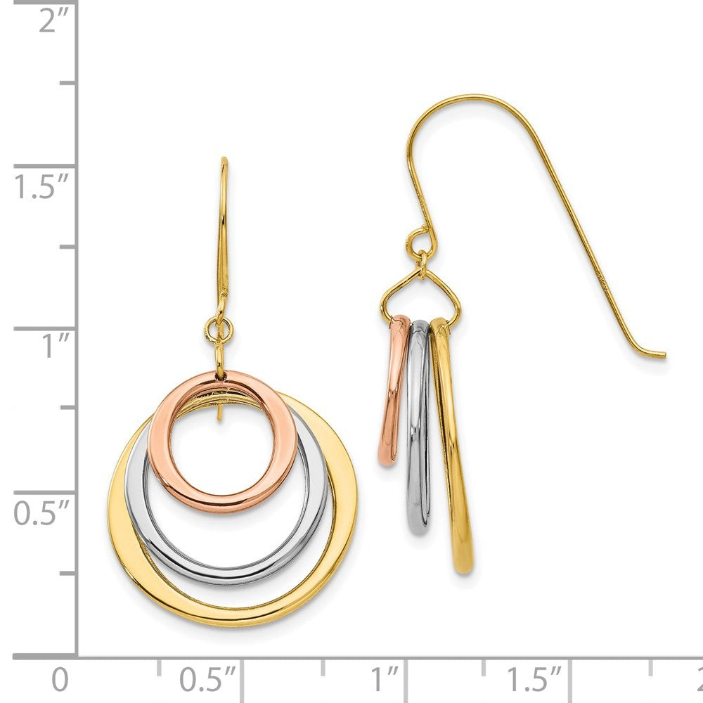 14K Tri-color Circle Drop Dangle Earrings w/ Shepherd Hook