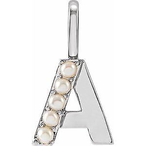 14k White Gold Cultured White Freshwater Pearl Initial A Charm Pendant