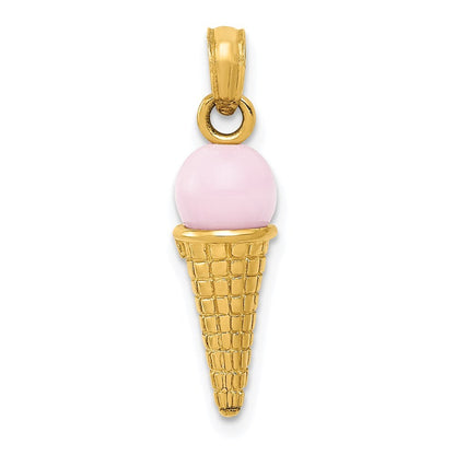 14k Yellow Gold Satin Polished 3D Pink Quartz Ice Cream Cone Charm Pendant