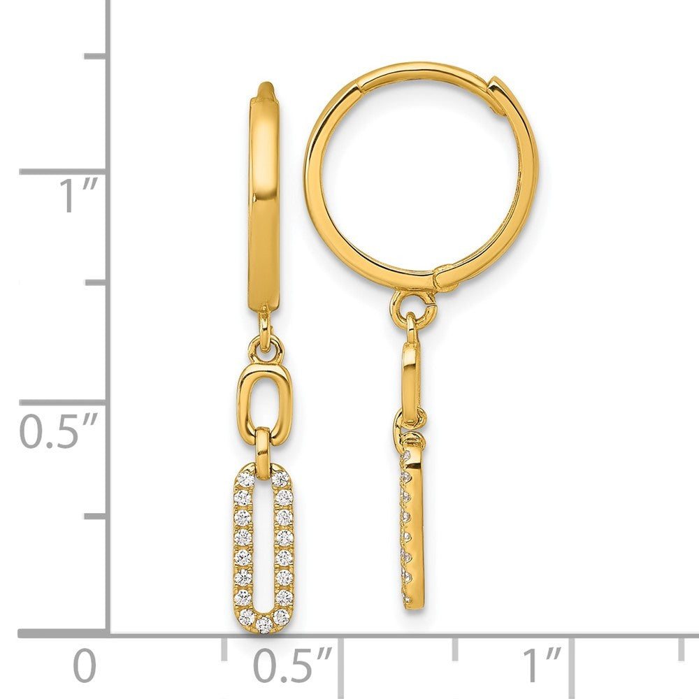 14k Yellow Gold Polished Fancy CZ Long Link Dangle Round Hinged Hoop Earrings
