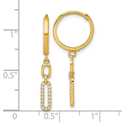 14k Yellow Gold Polished Fancy CZ Long Link Dangle Round Hinged Hoop Earrings