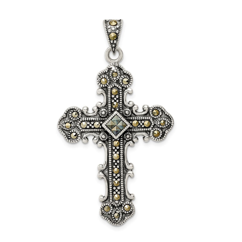 Sterling Silver Antiqued Marcasite Cross Pendant Holiday Gift for Women