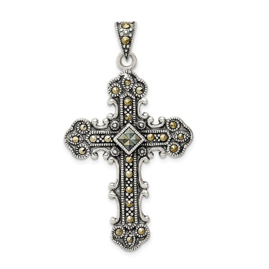 Sterling Silver Antiqued Marcasite Cross Pendant Holiday Gift for Women