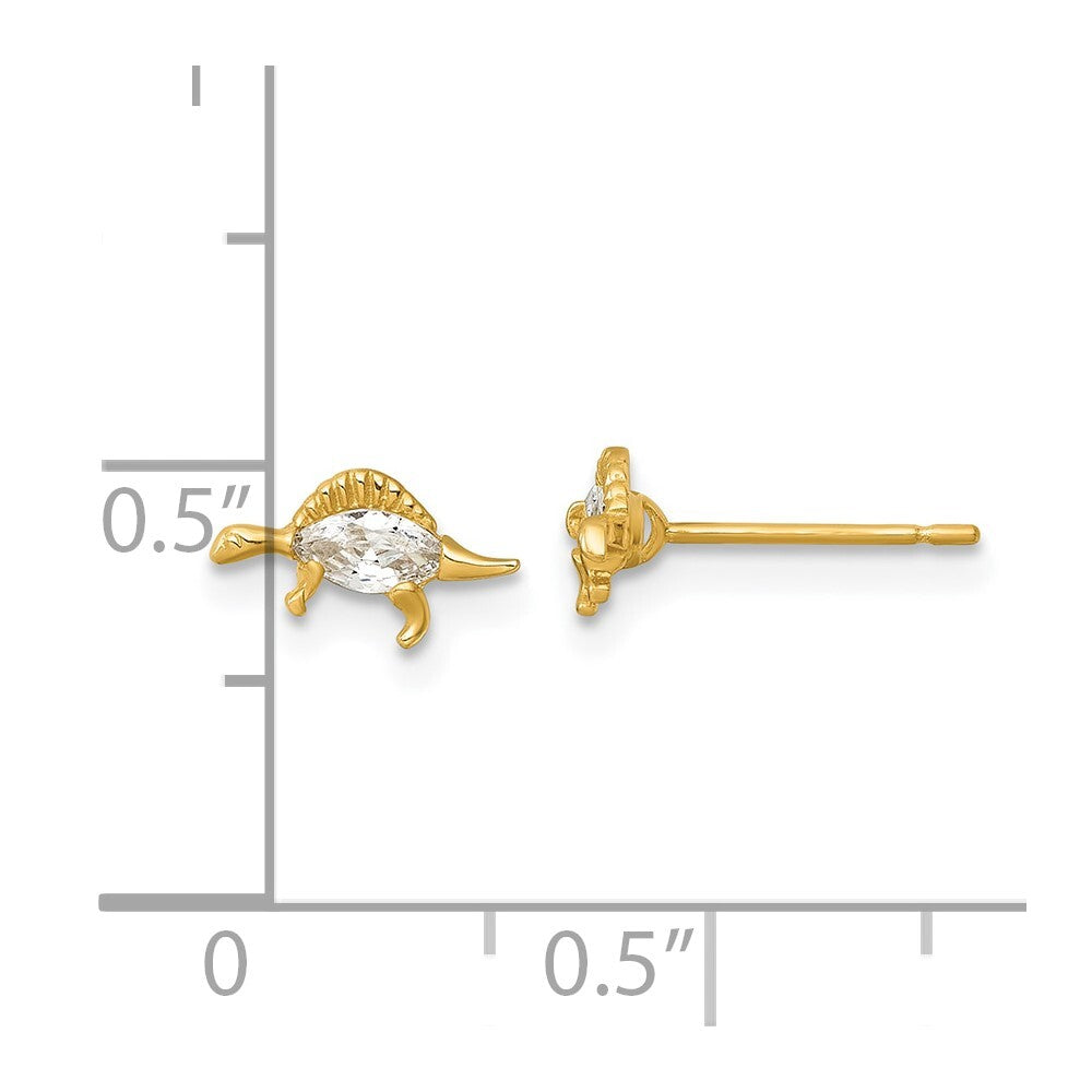 14k Yellow Gold Polished and Grooved Cubic Zirconia Stegosaurus Stud Earrings