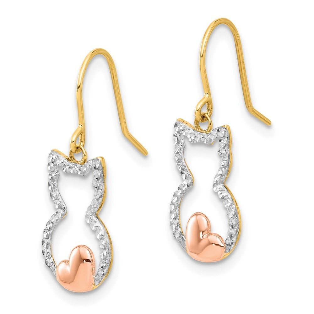 14k Yellow Gold w/Rose and White Rhodium Diamond-Cut Cat Outline Dangle Earrings