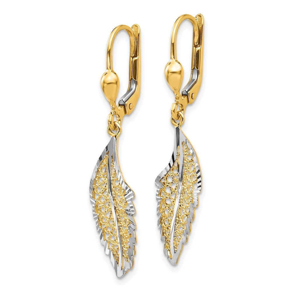 14k Yellow Gold and Rhodium Polished and Textured Leaf Drop Dangle Earrings