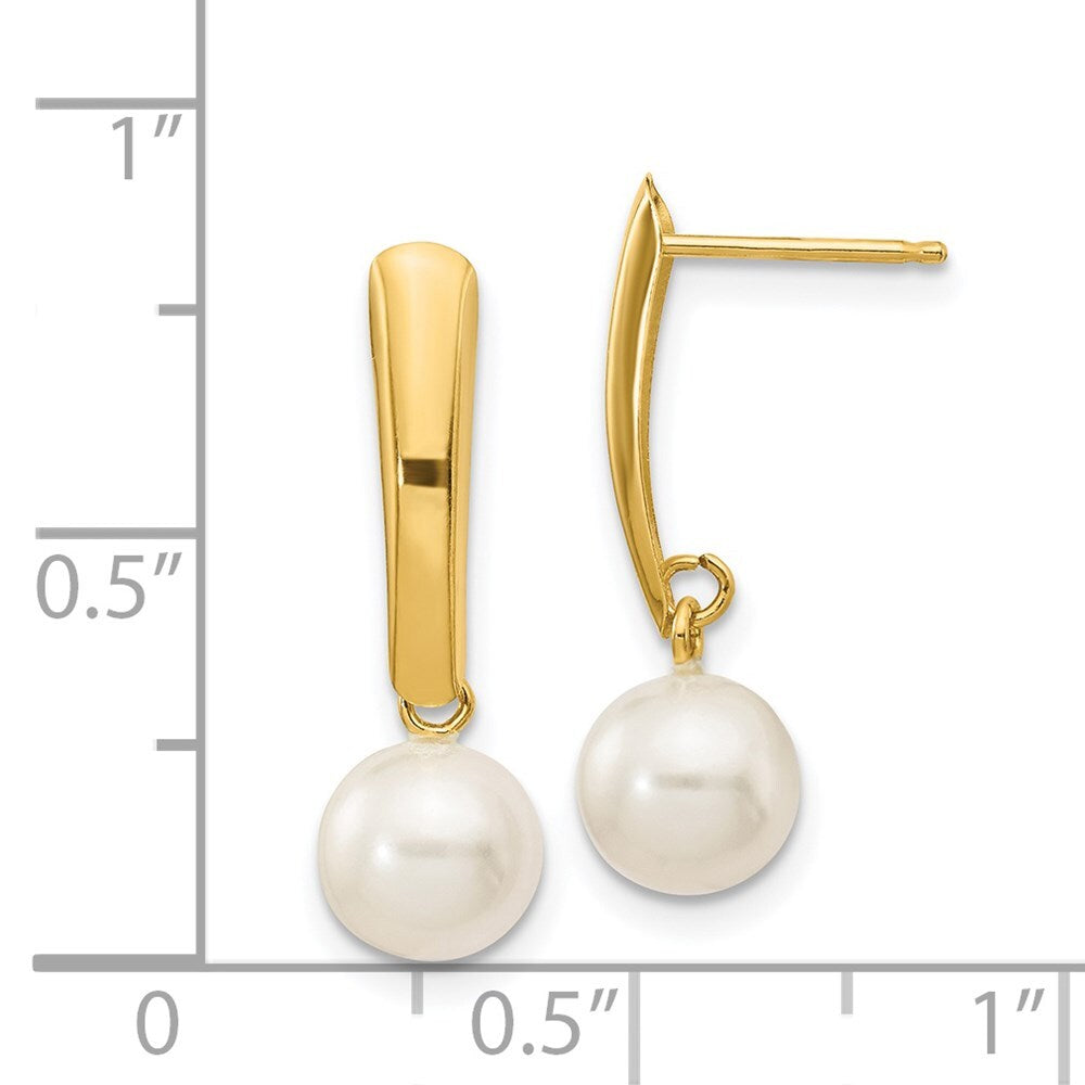 14k Yellow Gold 6-7mm White Round Freshwater Cultured Pearl Dangle Earrings