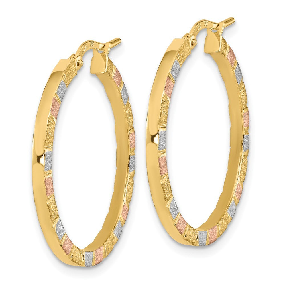 14k Yellow Gold w/White & Rose Rhodium Polished & Satin Hoop Earrings