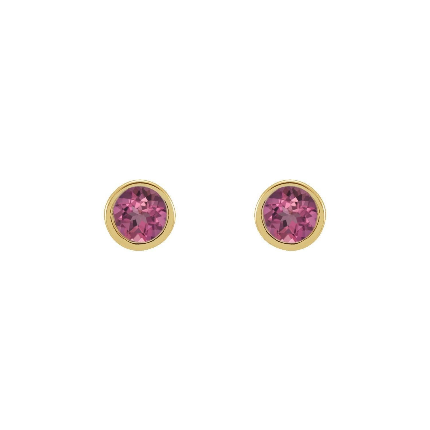 14k Yellow Gold 2 mm Round Natural Pink Tourmaline Micro Bezel-Set Stud Earrings