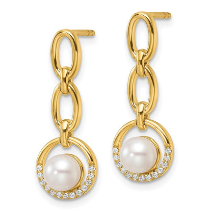 14k Yellow Gold Polished Diamond and Pearl Open Circle Dangle Earrings