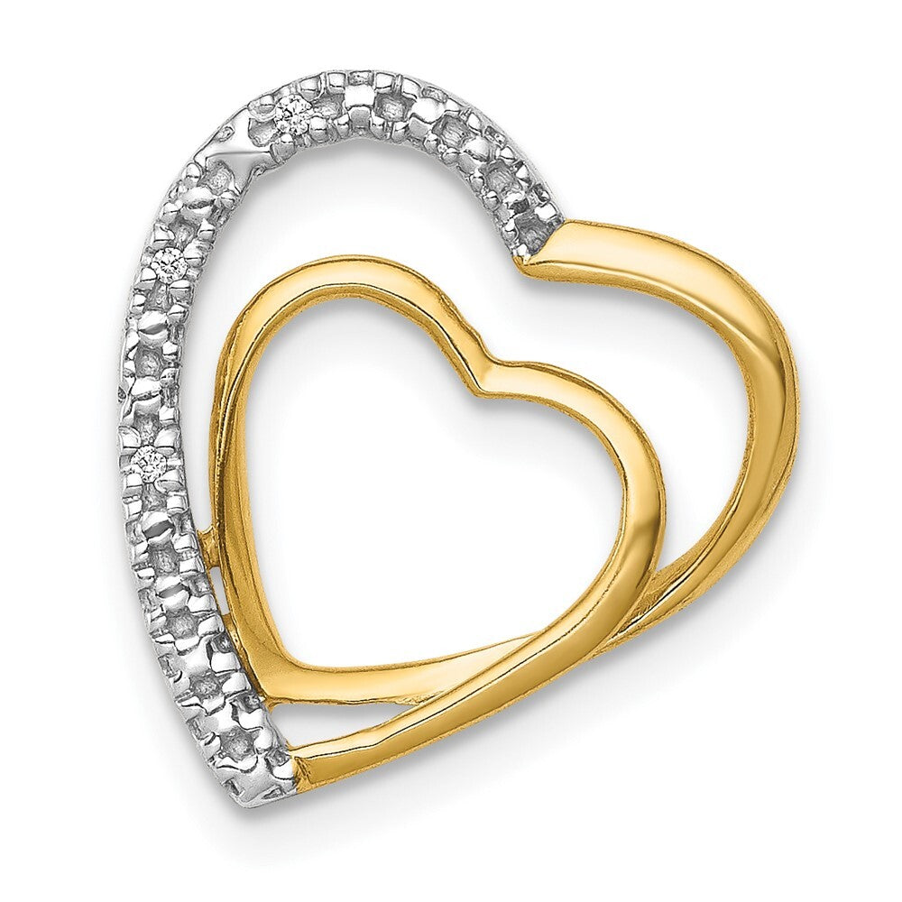 14k Yellow Gold and Rhodium .01ct. Diamond Double Heart Chain Slide Pendant