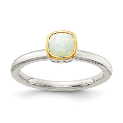 Sterling Silver & 14K Gold Accent Polished Cushion-cut Milky Opal Ring Sz 6