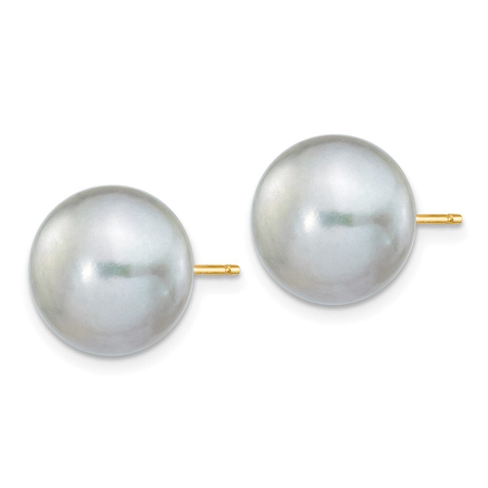 14k Yellow Gold 10-11mm Grey Button Freshwater Cultured Pearl Stud Earrings
