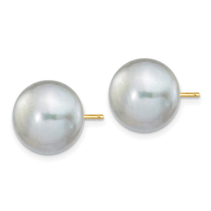 14k Yellow Gold 10-11mm Grey Button Freshwater Cultured Pearl Stud Earrings