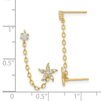 14k Yellow Gold Cubic Zirconia Double Chain Starfish Earring Gift for Women