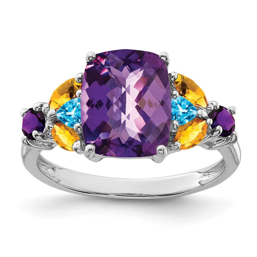 Sterling Silver Rhodium-plated Amethyst, Blue Topaz & Citrine Ring Size 6