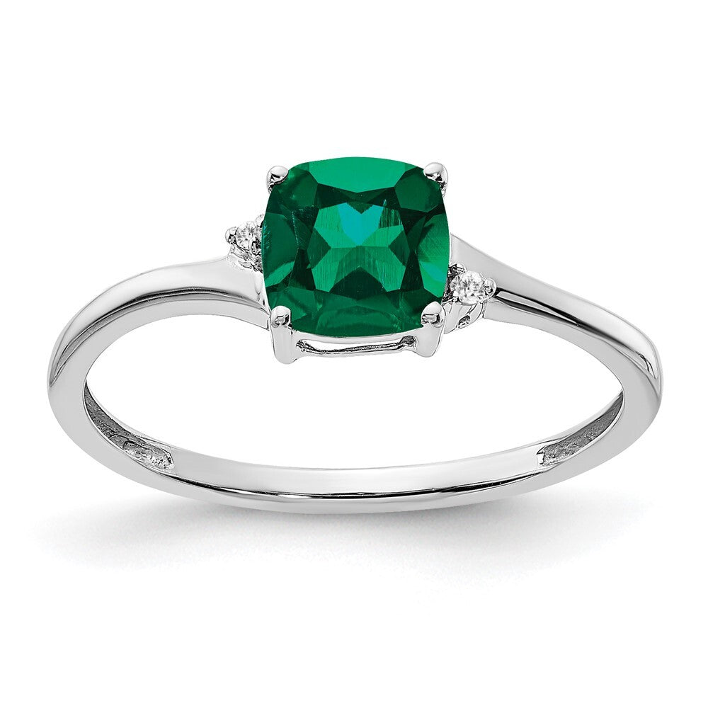Sterling Silver Rhodium-plated Created Emerald and Diamond Ring Size 8