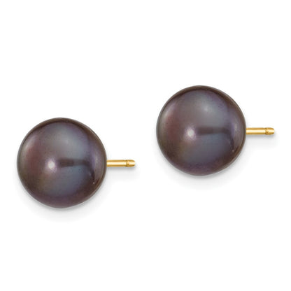 14k Yellow Gold 8-9mm Black Button Freshwater Cultured Pearl Stud Earrings