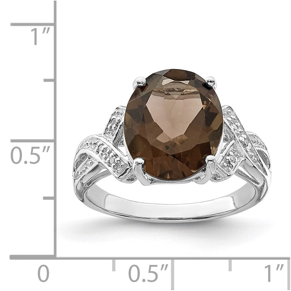 Sterling Silver Rhodium Smoky Quartz Diamond Ring Size 6