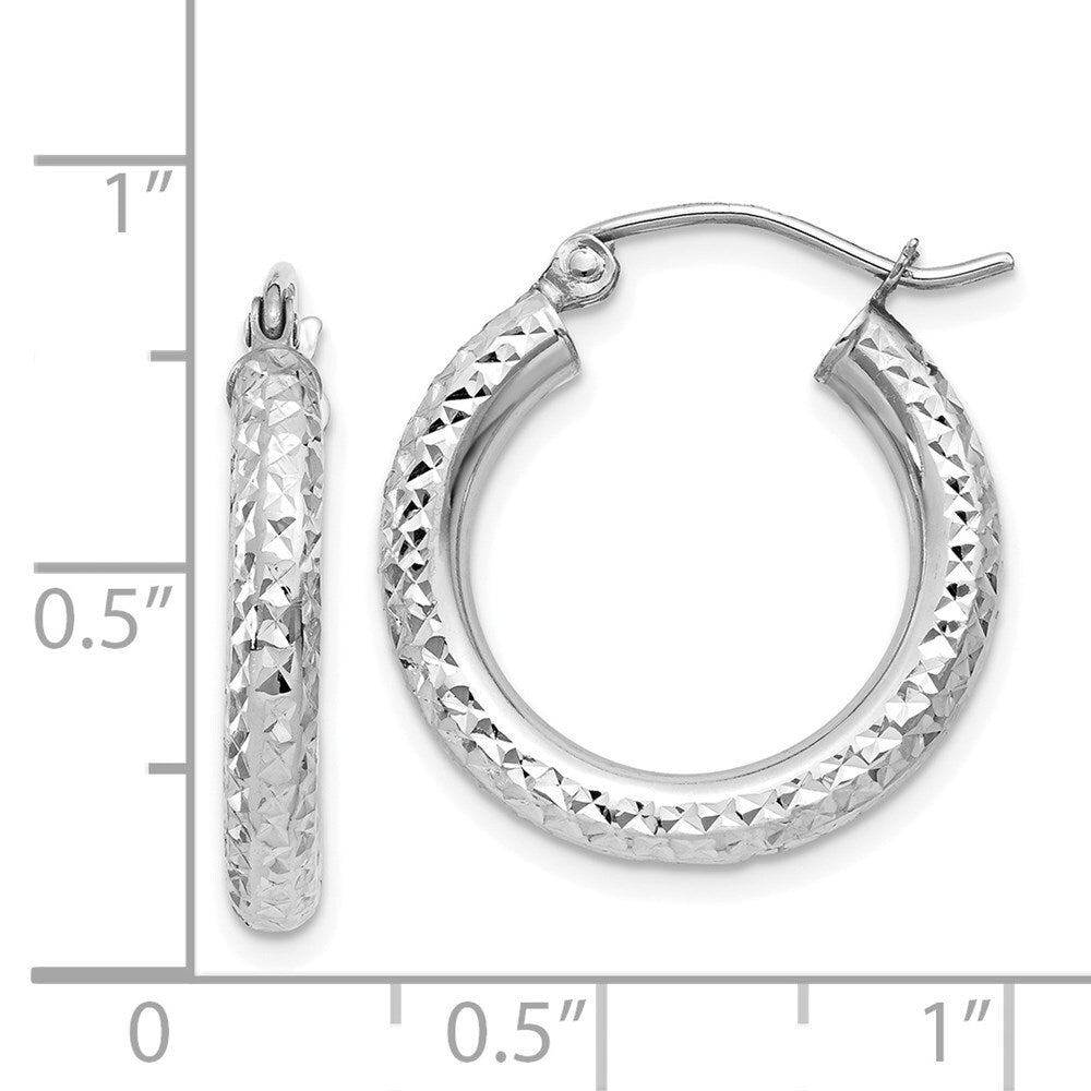 14k White Gold Diamond-cut 3mm Round Hoop Earrings Gift for Women