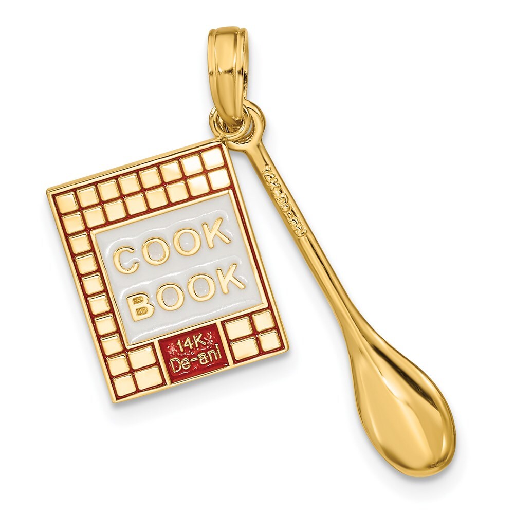 14k Yellow Gold Enamel 3-D Cook Book and Spoon Charm Pendant for Women