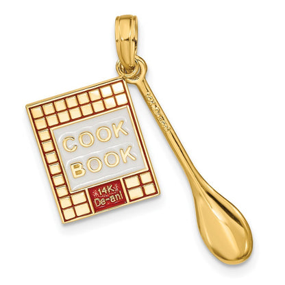 14k Yellow Gold Enamel 3-D Cook Book and Spoon Charm Pendant for Women