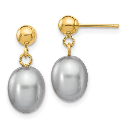 14k Yellow Gold 7-8mm Grey Rice Freshwater Cultured Pearl Dangle Earrings