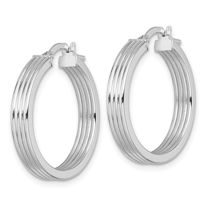 14k White Gold Polished and Grooved 4 x 24mm Tube Hoop Earrings