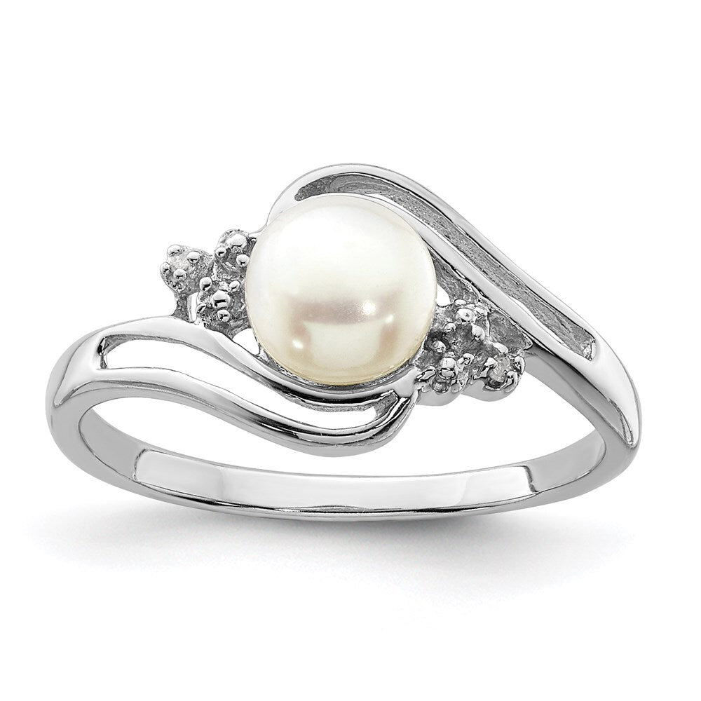 Sterling Silver Rhodium 6mm FW Cultured Button Pearl & Diamond Ring Size 7