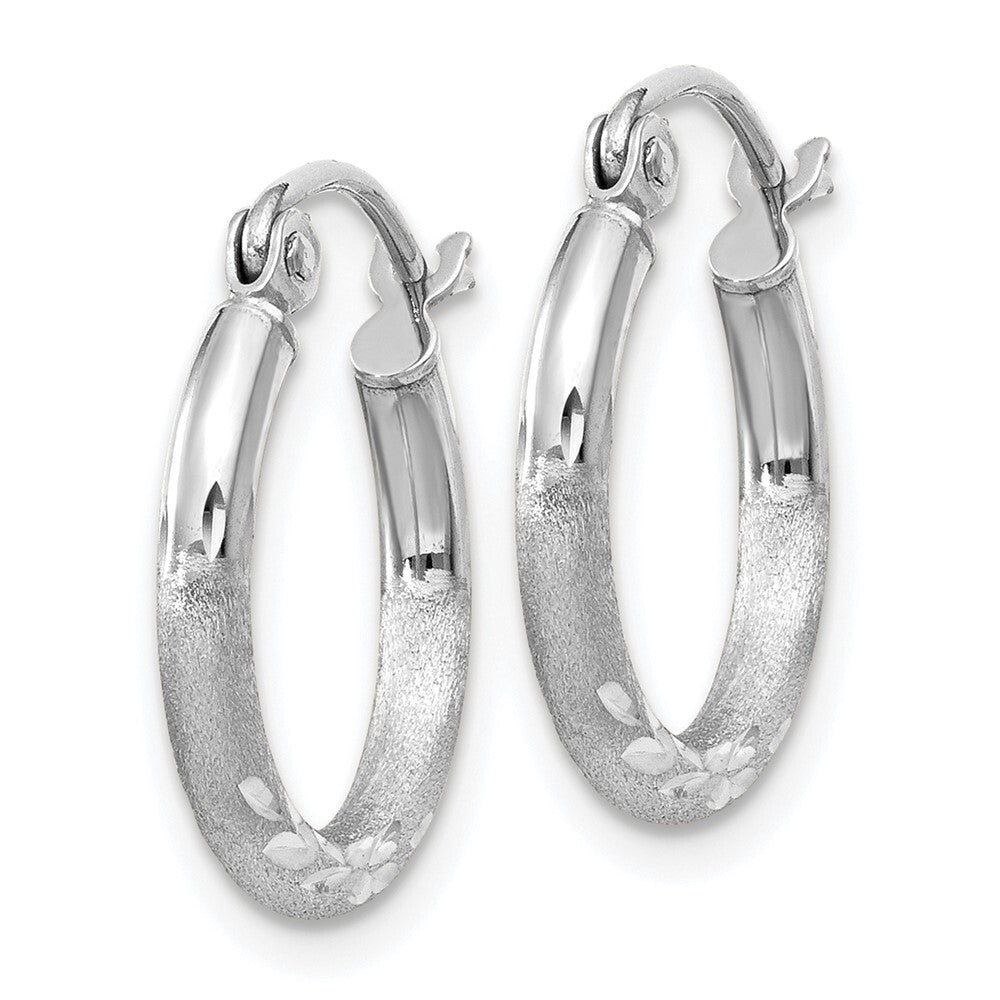 14k White Gold Satin and Diamond-cut 2mm Round Hoop Earrings Gift for Women