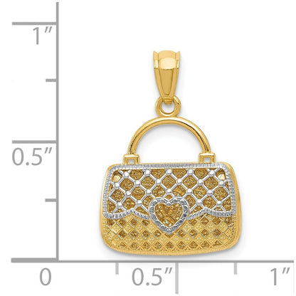14k Yellow Gold Rhodium 3D Reversible Heart Handbag Pendant for Women