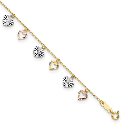 14K Tri-Color Dangle Hearts 9 inch Plus 1 inch Extender - Total 10 inch Anklet