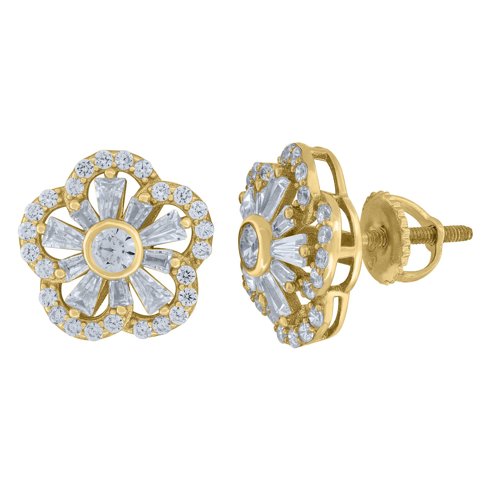 925 Sterling Silver Baguette Round Cubic-Zirconia Flower Fashion Stud Earrings