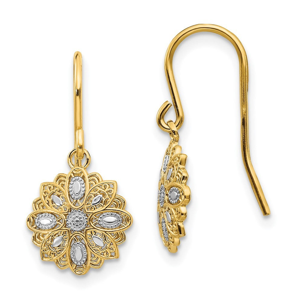 14k Yellow Gold & Rhodium Diamond-Cut Polished Fancy Dangle Earrings