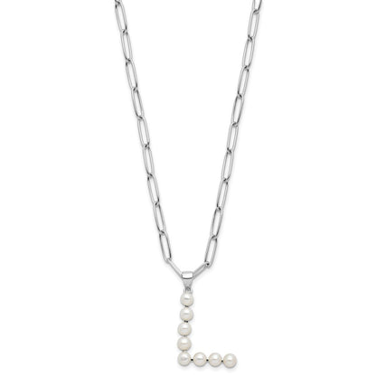 Sterling Silver 3-5.5mm White Button Cultured Pearl LETTER L Necklace 18"