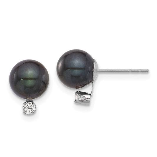 14k White Gold 8mm Black Akoya Saltwater Cultured Pearl & Diamond Stud Earrings