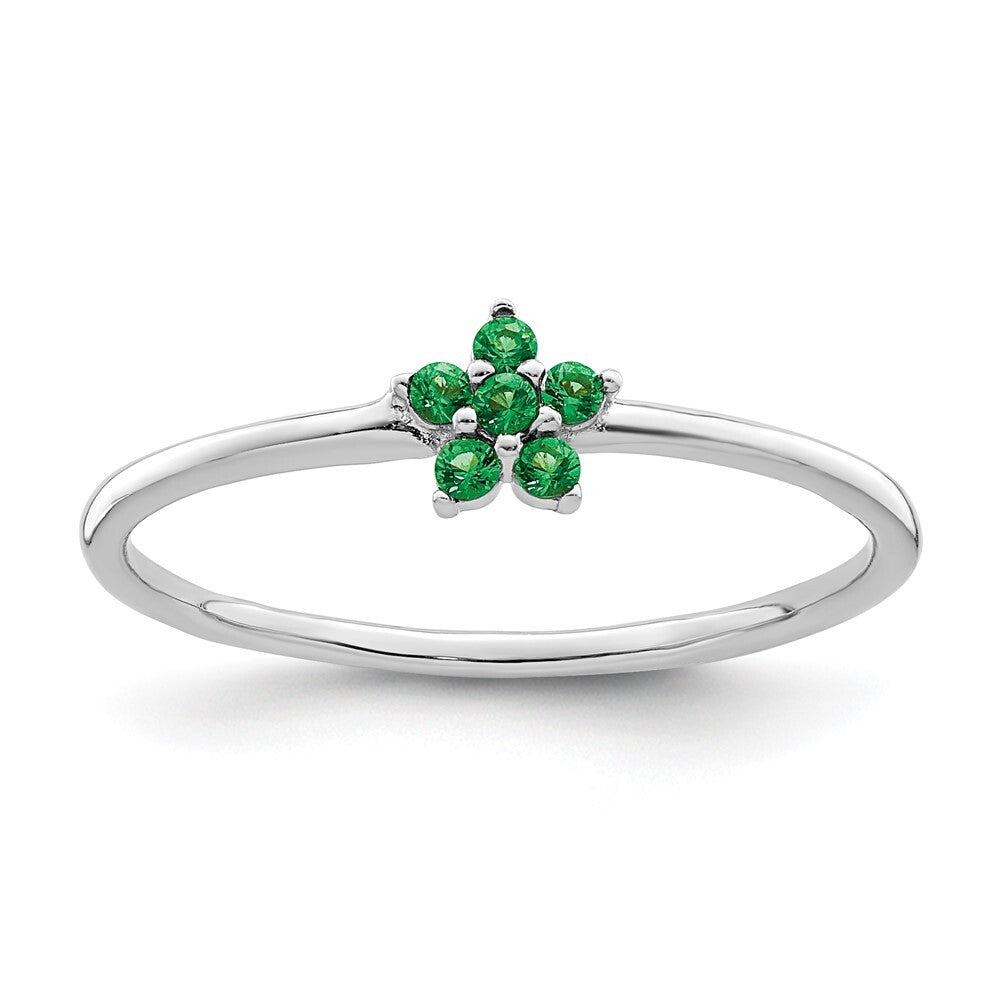 Sterling Silver Rhodium-plated Polished Green CZ Flower Ring Size 8
