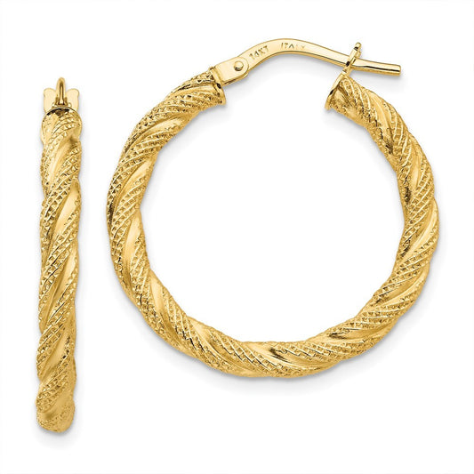 14k Yellow Gold Twisted Textured Hoop Earrings