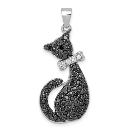 Sterling Silver Rhodium-plated Black & White Cubic Zirconia Cat with Bow Pendant