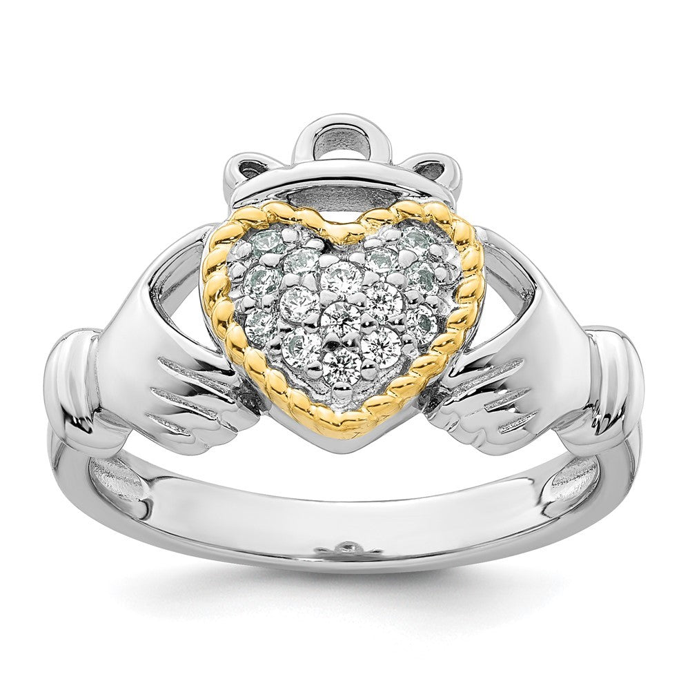 Sterling Silver Rhodium-plated with 14k Accent Polished CZ Size 8 Claddagh Ring