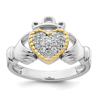 Sterling Silver Rhodium-plated with 14k Accent Polished CZ Size 8 Claddagh Ring