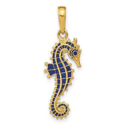14k Yellow Gold 3-D Blue Enameled Seahorse Pendant for Women
