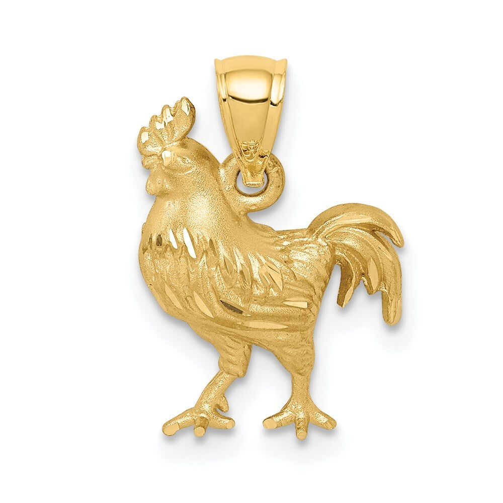14k Yellow Gold Satin Diamond-Cut Rooster Pendant for Women