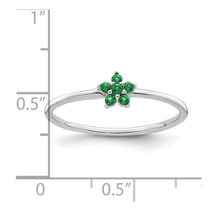 Sterling Silver Rhodium-plated Polished Green CZ Flower Ring Size 7