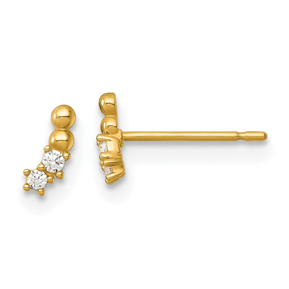 14k Yellow Gold Polished and Beaded Cubic Zirconia Curved Stud Earrings