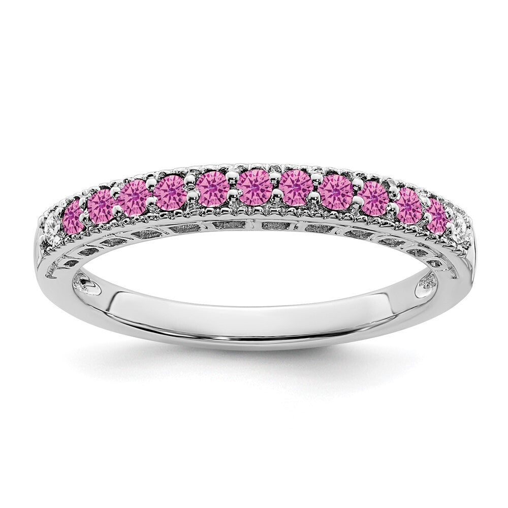 14k White Gold Created Pink Sapphire and Diamond Band Size 7