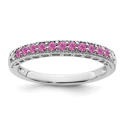14k White Gold Created Pink Sapphire and Diamond Band Size 7
