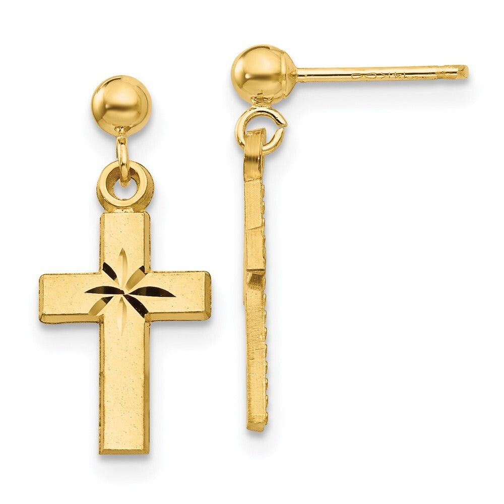 14k Yellow Gold Satin & Diamond -Cut Cross Stud Earrings Gift for Women